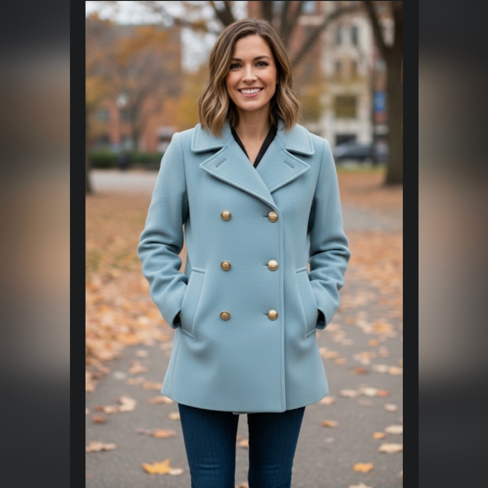 J. Crew Women's Double-Breasted Aquamarine Blue Pea Coat